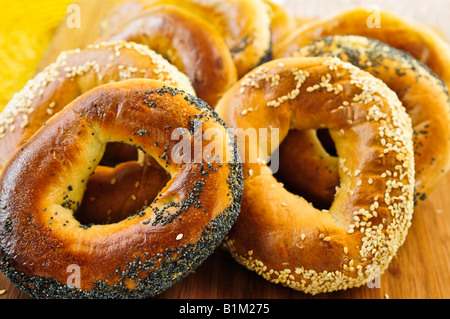 Variety of fresh Montreal style bagels close up Stock Photo