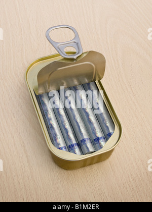 Ring Pull Tin containing rolled 20 Euro notes on wooden surface - Concept Stock Photo