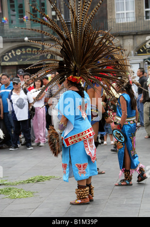 Mexican Dancers in Aztec Costume, Zocalo Square, Plaza de la Constitucion, Mexico City, Mexico Stock Photo