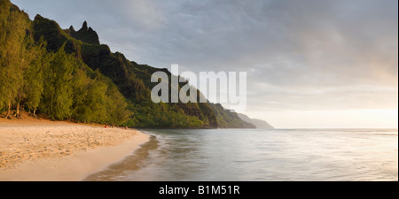 Ke'e Beach and the Na Pali Coast at Sunset Kaua'i Hawaii USA Stock Photo