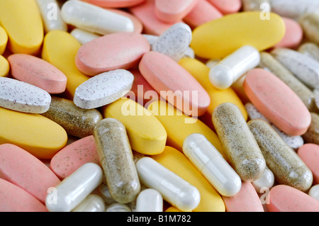 Mix of vitamins and herbal supplements close up Stock Photo
