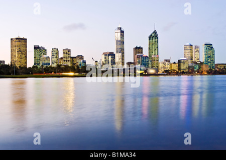 Long exposure of Perth city at night with the skyscraper's lights reflecting in the Swan River