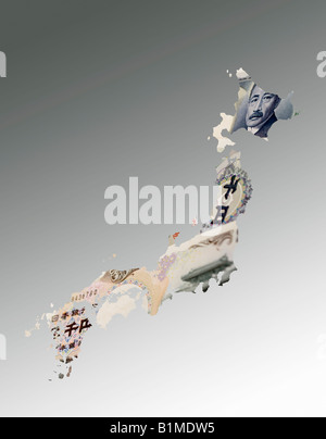 Montage of Japanese currency on map of Japan