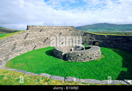 Cahergall prehistoric Celtic circular dry stone wall fort near Cahirciveen, Iveragh peninsula, County Kerry, Ireland. Stock Photo