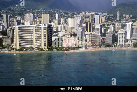 The Royal Hawaiian historic hotel and the skyline of Waikiki and Waikiki Beach in Honolulu Hawaii Stock Photo