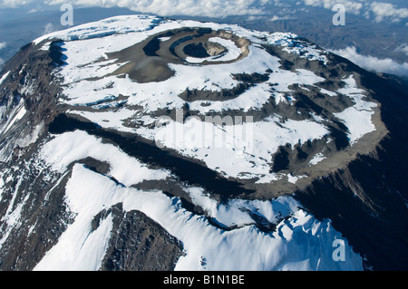 Aerial view of Kilimanjaro 19335 ft. (5895 m) Crater floor with Ash cone and pit, Southern Ice field (foreground), Tanzania Stock Photo