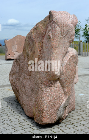 'Heavy Horse and Foal, 2007', outdoor sculpture by Ronald Rae. Falkirk Wheel, Falkirk, Stirlingshire, Scotland, United Kingdom. Stock Photo
