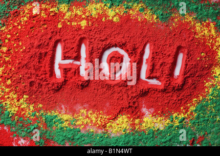 High angle view of text HOLI written on a rangoli Stock Photo