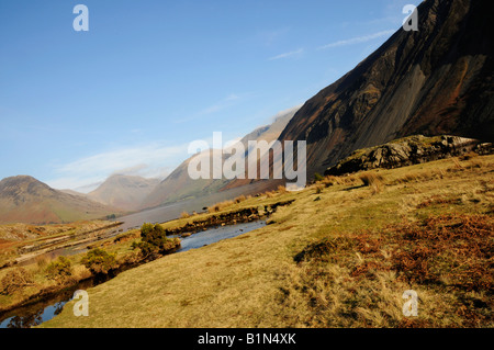 Scafell Pike and the Wastwater Screes from Wast Water. Stock Photo