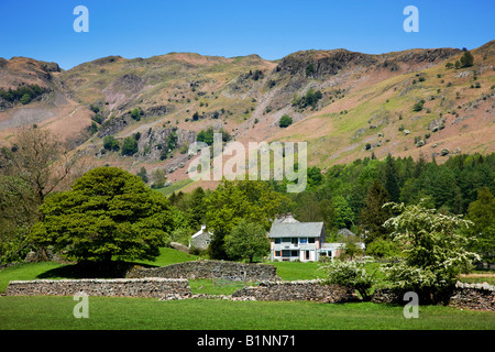 Elterwater Village Seen High Above The Village Are The Langdales And Raven Cragg, The 'Lake District' Cumbria England UK Stock Photo