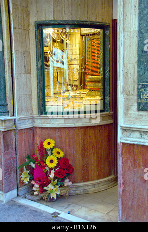 A flower arangement at the entrance to a jewellry store in the Khan El Khalili market in Cairo Egypt