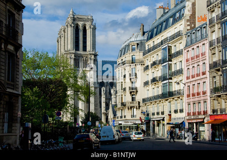 Notre Dame Cathedral at the end of a rue, Paris, France Stock Photo