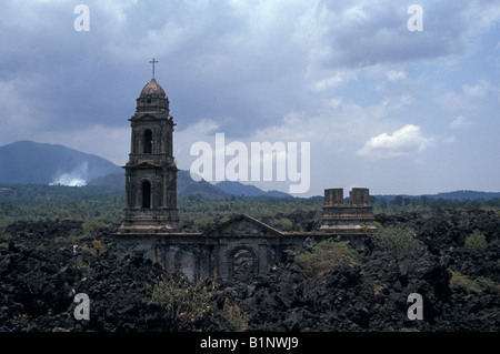 The half-buried Templo de San Juan Parangaricutiro church, Michoacan, Mexico Stock Photo