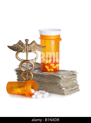 Costly healthcare concept caduceus money and pills cut out on white background Stock Photo