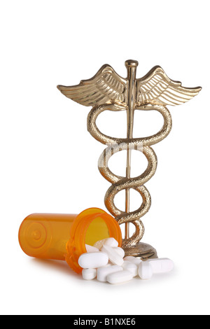 Pills and caduceus cutout on white background Stock Photo