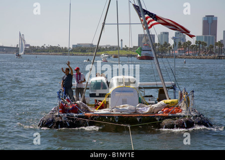 Algalita Junk raft sails from Long Beach to Hawaii to bring attention to the plastic debris situation in the North Pacific Gyre Stock Photo