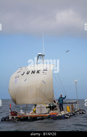 Algalita Junk raft sails from Long Beach to Hawaii to bring attention to the plastic debris situation in the North Pacific Gyre Stock Photo