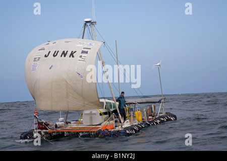 Algalita Junk raft sails from Long Beach to Hawaii to bring attention to the plastic debris situation in the North Pacific Gyre Stock Photo