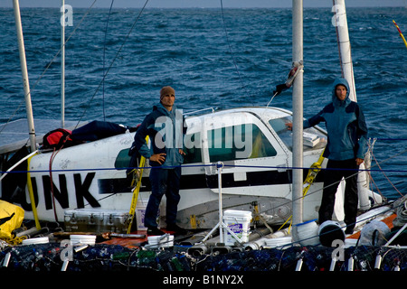 Algalita Junk raft sails from Long Beach to Hawaii to bring attention to the plastic debris situation in the North Pacific Gyre Stock Photo