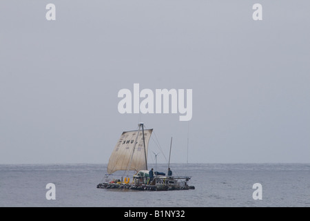 Algalita Junk raft sails from Long Beach to Hawaii to bring attention to the plastic debris situation in the North Pacific Gyre Stock Photo