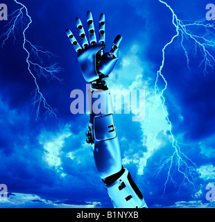 computer generated cyber arm reaching to stormy sky and lightning Stock Photo