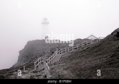 Heavy fog rising from Atlantic Ocean and covering Cape Spear Lighthouse in Newfoundland Stock Photo
