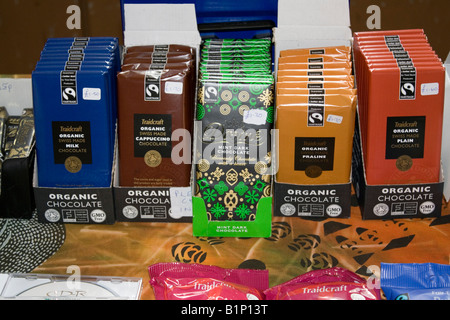 Boxes with bars of different flavour fairtrade dark and organic chocolate UK Stock Photo