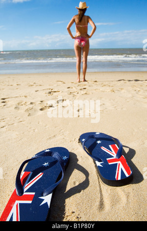 Aussie thongs on beach - Cairns, Queensland, AUSTRALIA Stock Photo