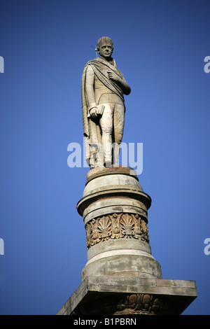 City of Glasgow, Scotland. Monument to the Scottish novelist Sir Walter Scott on top of a column in Glasgow’s George Square. Stock Photo