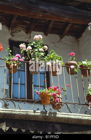 Detail of balcony with flowers. La Alberca. Salamanca province. Castile Leon. Spain. Stock Photo
