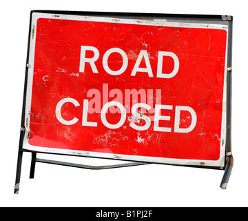 Road Closed Sign on a White Background Stock Photo