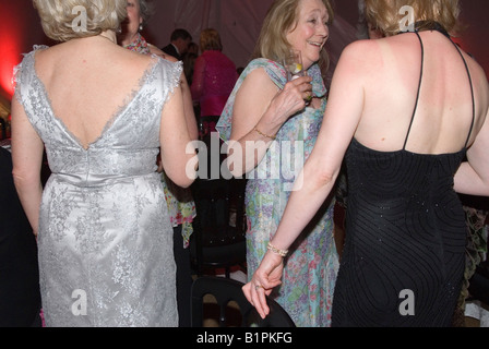 Private party older senior elderly wealthy rich women chatting talking in a group. Women wearing party dress Hampshire UK 2000s 2008 HOMER SYKES Stock Photo