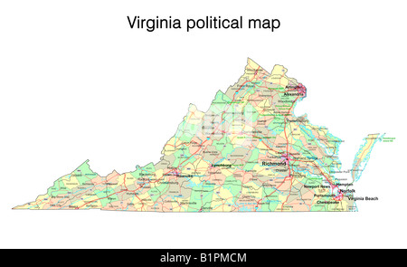 Virginia counties and cities, political map. Commonwealth of Virginia ...