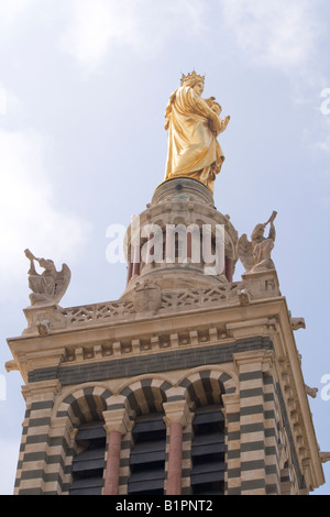 Tower and Gilded Statue of the Notre Dame de la Garde Cathedral Marseille, Bouches due Rhone, South of France. Stock Photo