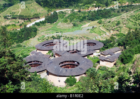 China Fujian Province Hakka Tulou round earth buildings on the Unesco World Heritage Site July 2008 Stock Photo