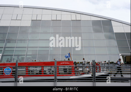 The Falkirk Wheel  Visitor Centre, Forth and Clyde Canal and Union Canal, Falkirk, Stirlingshire, Scotland, United Kingdom. Stock Photo