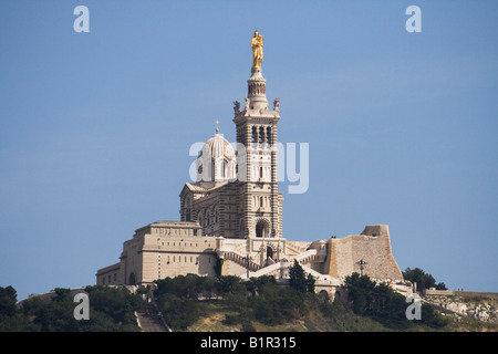 Notre Dame de la Garde Cathedral which sits on a hilltop overlooking Marseille, Bouches du Rhone, South of France. Stock Photo