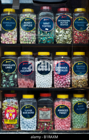 Sweet jars on shelves in a Scottish sweetshop. Scotland Stock Photo