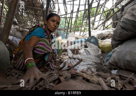 Almost the entire Slum of Topsia live from the sorting and recycling of garbage, women in this dilapidated hut are sorting the  Stock Photo