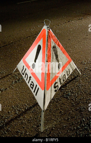 Accident warning sign after a road accident on the A8 near Neuhausen, Denkendorf, Esslingen Region, Baden-Wuerttemberg, Germany Stock Photo