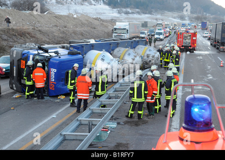 Dangerous goods truck accident on the A8 near Gruibingen, Goeppingen Region, Baden-Wuerttemberg, Germany, Europe Stock Photo