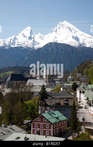Berchtesgaden with a view of Mt. Watzmann, Upper Bavaria, Bavaria, Germany, Europe Stock Photo