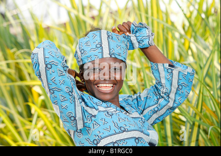 Woman modelling self-made dress, Bafut, Cameroun, Africa Stock Photo