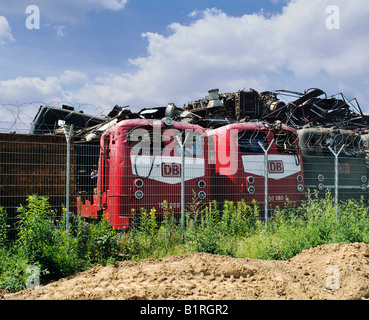 Three electric locomotives of DB, Deutsche Bahn, German Rail, in a recycling yard, North Rhine-Westphalia, Germany, Europe Stock Photo