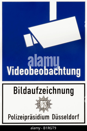 Video surveillance sign, cameras mounted at the police headquarters in Duesseldorf, North Rhine-Westphalia, Germany Stock Photo