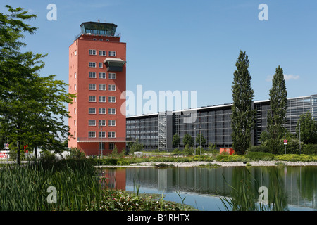 Former Tower of the old airport, New Munich Trade Fair Centre, Riem, Munich, Bavaria, Germany, Europe Stock Photo