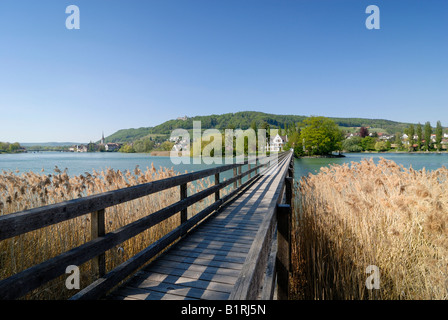 wooden footbridge leading to a lake Stock Photo - Alamy