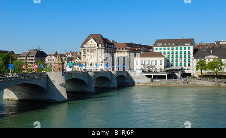 Rhine River Bridge and promenade, Basel, Canton of Baselstadt, Switzerland, Europe Stock Photo