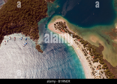 Aerial view of Oludeniz beach in Turkey from a paraglider blue lagoon Stock Photo