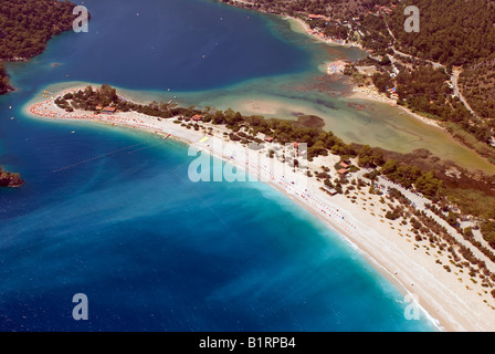 Arial view of Oludeniz beach in Turkey from a paraglider Stock Photo